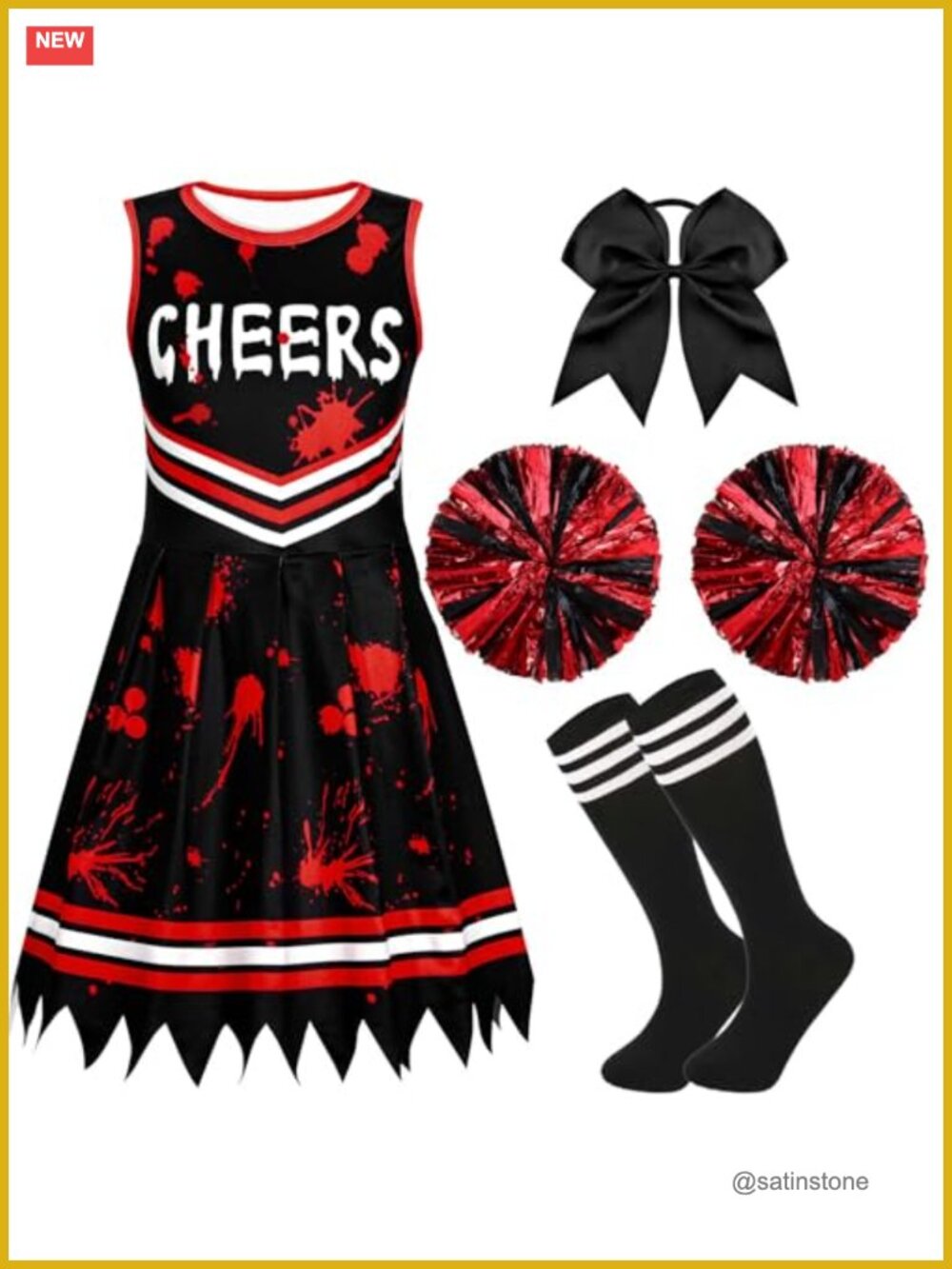 Girls Halloween Zombie Cheerleader Costume 5 Pc Dress Socks Poms